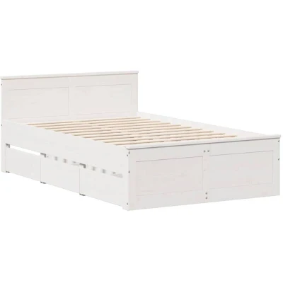 Image of vidaXL Bed Frame without Mattress White Solid Pine Wood Double with Headboard and Storage Drawers 196x139.5x75 cm