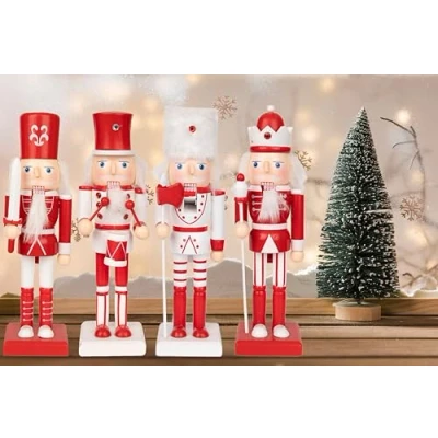 Image of SHATCHI 25cm Red/White Wooden Christmas Nutcrackers 4pcs Set Soldiers King Drummer Puppet Figurines Home Decoration Ornament