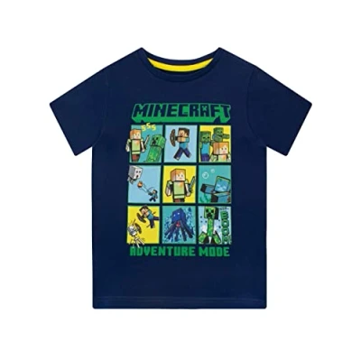 Image of Minecraft Boys Creeper and Steve T Shirt Blue 8 to 9 Years