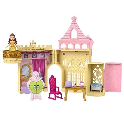 Image of Mattel Disney Princess Toys, Belle Stackable Castle Doll House Playset with Small and 8 Pieces, Inspired by the Movie, Kids Travel Toys Gifts, HPL52, Yellow