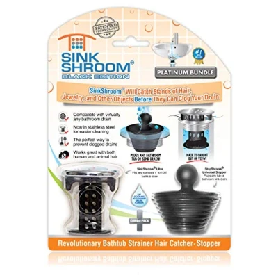 Image of SinkShroom Revolutionary Bathroom Sink Drain Protector Hair Catcher, Strainer, Snare, Stainless Steel, Black with Stopper