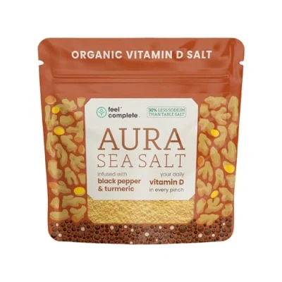 Image of Your Daily Vitamin D in Every Pinch Organic Aura Sea Salt Infused Celtic with Turmeric &amp; Black Pepper 30% Less Sodium Than Table 5 Months Of 80g Resealable Pouch.