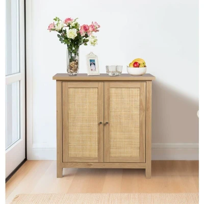 Image of Hallowood Furniture Newquay Oak Effect Cupboard with Rattan Front, Small Wooden Storage Cabinet for Bedroom &amp; Hallway, Kitchen Cabinet, Living Room