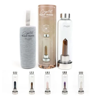 Image of Myga Tigers Eye Crystal Water Bottle 500ml Glass Drinks with Natural Healing &amp; Neoprene Sleeve for Wellness Self Care Gemstone: