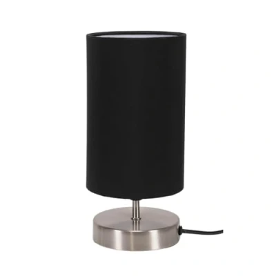 Image of Brushed Chrome Cylinder Touch Dimmer Table Lamp with Black Fabric Shade Bedside Light