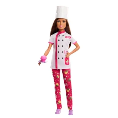Image of Barbie Careers Fashion Doll &amp; Accessories, Brunette in Removable Pink Skate Outfit with Ice Skates Trophy, HRG37
