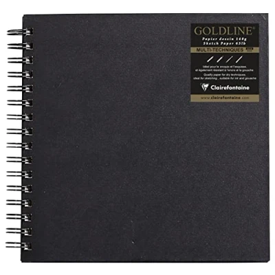 Image of Clairefontaine Ref 34238C Goldline Wirebound Pad (64 White Sheets) 20 x 20cm Size, 140gsm Paper, Square Layout Black Cover Suitable for Dry Techniques