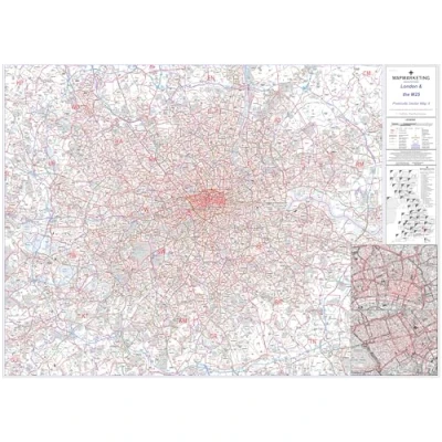 Image of Greater London Postcode Sector Map 8 Wall With Motorway, A&#039; Roads, B&#039; City Plans, Area, District, Sectors Size: 73 x 107 cm (29 42 inches) Scale: 1:60 000 Laminated