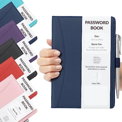 Image of Password Book Alphabetical with Tabs A Z Index Hardback for Internet Website Address Contacts Organizer Pen (Navy)