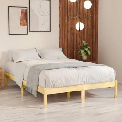 Image of vidaXL Modern Solid Pinewood Double Bed Frame with Slatted Base &amp; Comfortable Headboard, 140x190 cm, Brown