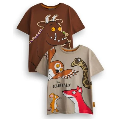 Image of The Gruffalo Kids T Shirt Pack of 2 Brown &amp; Friends Graphic Tee for Boys Short Sleeve Multicoloured Multi Fairy Tale Top Set Story Book Merchandise Gift Bundle Children