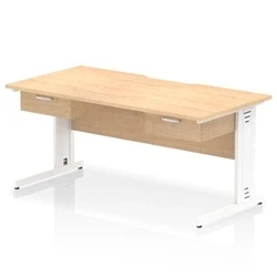 Image of Impulse 1600 x 800mm Scalloped Edge Office Desk Maple Top White Cable Managed Leg Workstation 2 1 Drawer Fixed Pedestal