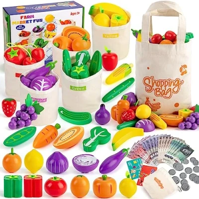 Image of SEMKOTREE Toy Till, 69PCS Play Food Sets for Children Kitchen, Wooden Pretend Shop with Fake Money Kids UK, Colour Sorting Toys Toddlers Boys 3 Year Old Girl