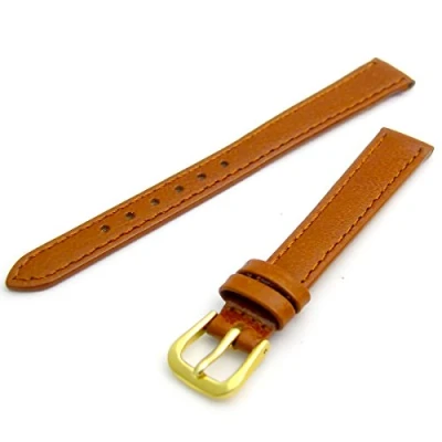 Image of Comfortable Flexible Leather Watch Strap Band Buffalo Grain 14mm Width Tan with Gilt (Gold Colour) Buckle R615g