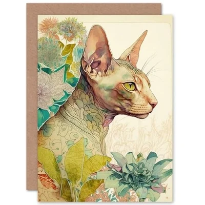 Image of Artery8 Sphynx Cat with Floral Tattoo in Flower Blooms Colourful Modern Watercolour Illustration Art Birthday Sealed Greeting Card Plus Envelope Blank inside