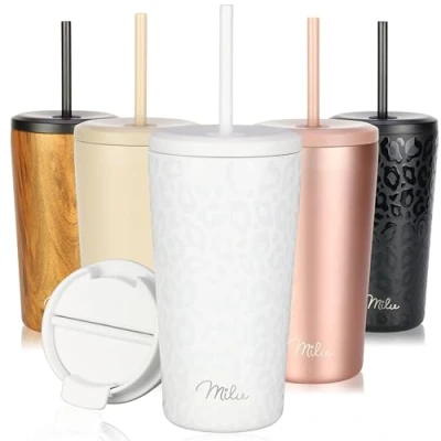 Image of Milu Thermo Mug 500ml 100% Leak Proof Stainless Steel Coffee to go Insulated with Straw Keeps hot for 10h / Cold 20h, BPA Free (White Leopard, 500ml)