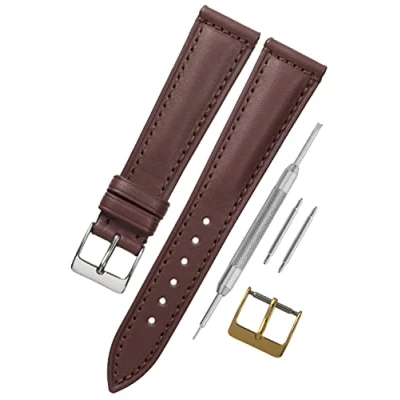 Image of Buckle &amp; Stitch Premium Leather Watch Strap Sleek 4mm Taper 20mm Medium Brown Spring Bars and Tool Included (20mm, Brown)