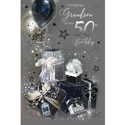Image of Cherry Orchard Luxury Grandson 50th Birthday Card with Modern presents &amp; balloons design, Silver Foil Detailing and Envelope