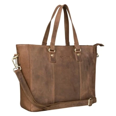 Image of STILORD &#039;Emmeline&#039; Leather Business Tote Bag for Women Elegant Work Office Uni Satchel 13.3 Inch MacBook Purse from Genuine Leather, Colour:middle brown