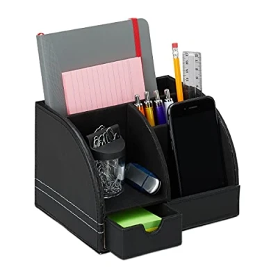 Image of Relaxdays Desk Supplies Organiser, Faux Leather, Office, Drawer, 4 Tiers, Pencil Holder, 13x19x15 cm