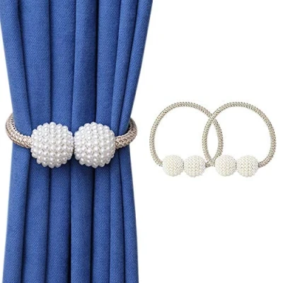 Image of Magnetic Curtain Tie Backs, Clips Rope Holder Buckles Small Bead Buckle Holders for Home Office Hotel Window Decoration (2 PACK, Beige)