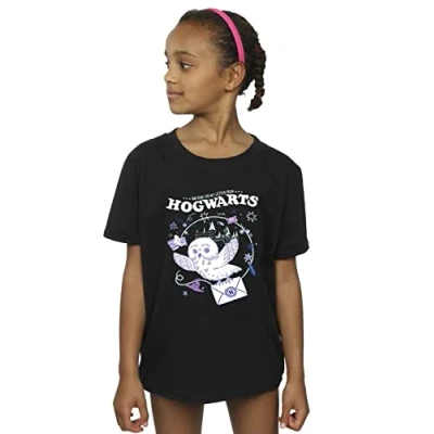 Image of Harry Potter Girls Owl Letter from Hogwarts T Shirt Black 12 13 Years