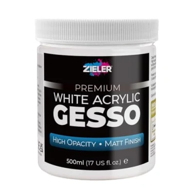 Image of Zieler® Premium White Acrylic Gesso Primer High Opacity Matt Finish (500ml) For &amp; Oil Paintings on Canvas, Wood Board