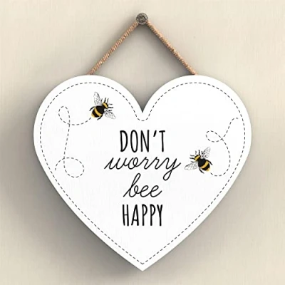 Image of Global Designs Don&#039;T Worry Bee Happy White Themed Decorative Wooden Heart Shaped Hanging Plaque