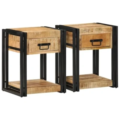Image of vidaXL bedside cabinets 2 pcs solid mango wood nightstands with iron frame bed drawer and shelf for bedroom brown 40x35x50 cm industrial style