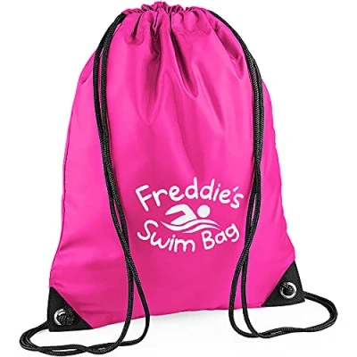 Image of TeddyTs Personalised Swim Design School Sports PE Drawstring Swimming Bag (Fuschia Pink), 45cm x 33cm