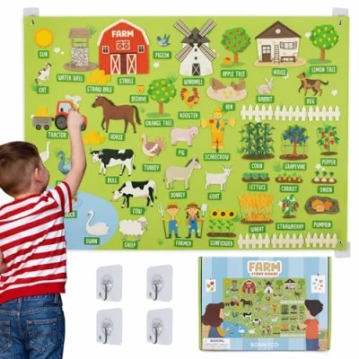 Image of BONNYCO Fuzzy Felt Board with 92 Animal Farm Figures. Montessori Toys and Birthday Gifts for Kids Ages 3 to 8. Autism Sensory Panel, Educational Resources Children, Christmas