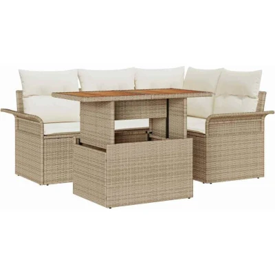 Image of vidaXL 5 Piece Garden Dining Set with Cushions Beige Poly Rattan Acacia