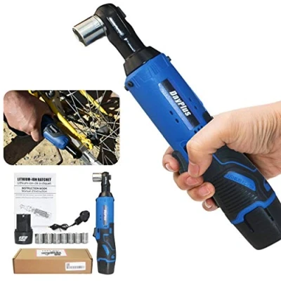 Image of Cordless Ratchet Wrench 3/8&quot; Electric Right Angle, 40Nm 12V DIY Tool w/Reverse &amp; Forward Function, 2 x 1500mAh Batteries (Blue)