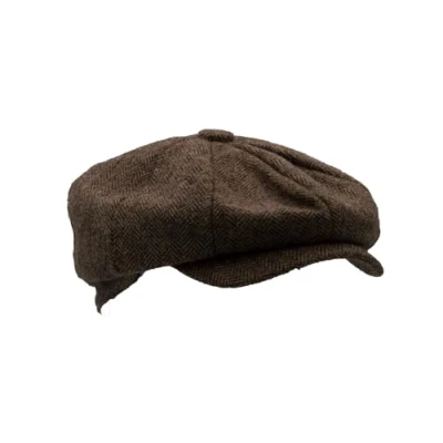 Image of WALKER AND HAWKES Men&#039;s Brown Grey Classic Baker Boy Style 8 Panel Tommy Cap Herringbone XL (60cm)