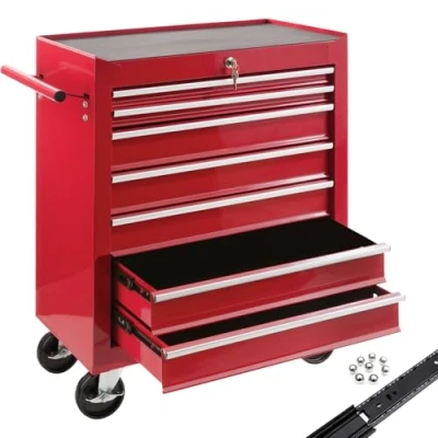 Image of Arebos Tool Cabinet Workshop trolley 7 compartments centrally lockable incl. anti slip mats drawers with ball bearings 2 castors parking brake (red)