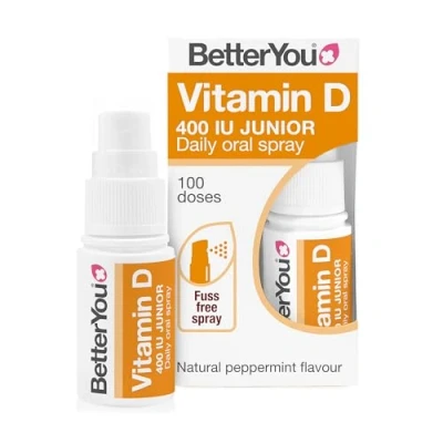 Image of BetterYou Vitamin D 400 IU Junior Daily Oral Spray, Pill free D3 Supplement for Children, 3 month Supply, Made in the UK, Natural Peppermint Flavour
