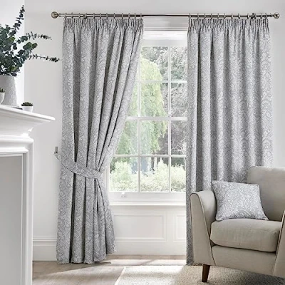 Image of Dreams &amp; Drapes Grey Jacobean Curtains W46 x L72 (117 183cm) 2x Panels 100% Cotton Tie Backs Floral Pencil Pleat Vintage in Light