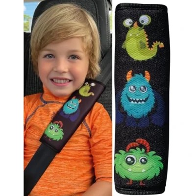 Image of HECKBO 1x Kids Car Seat Belt Pads Protectors Monster for and Babies Ideal Any Booster Bicycle