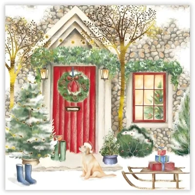 Image of GBCC Charity Christmas Cards Pack of 10 with Dog and Festive Cottage Scene Eco Friendly Xmas Multipack Envelopes