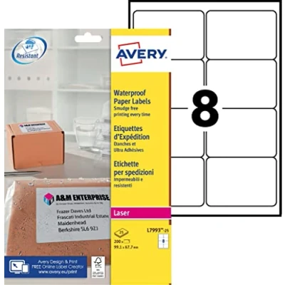 Image of Avery Printable, Customisable Weatherproof/Waterproof, Parcel Mailing Labels, Laser Printers, L7993 25, White, 8 Per A4 Sheet.