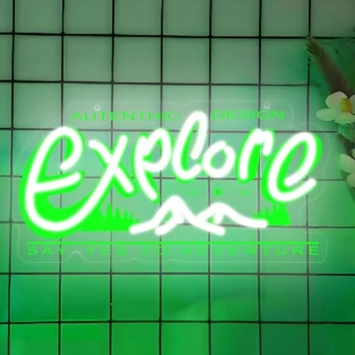 Image of Explore Neon Sign, Green White Jungle Mountains Signs for Wall Decor, LED Dimmable Light Up USB Powered Bedroom Living Room Home Bar Party Game