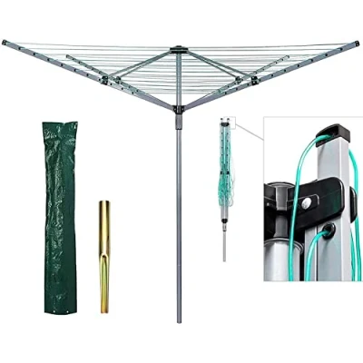 Image of 50M Rotary Aluminium &amp; Powder Coated Washing Line With 4 Arm Garden Outdoor Laundry Drying Heavy Duty Folding Clothes Airer Ground Spike Cover (Aluminium, Spikes Cover)