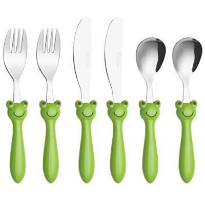 Image of Exzact Children&#039;s Cutlery Stainless Steel 6pcs Set/Kids Cutlery/Toddler Utensils/Flatware 2 x Forks, Safe Dinner Knives, Spoons (Frog 6)