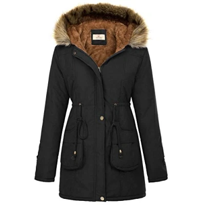 Image of Grace Karin Womens Hooded Warm Winter Thicken Fleece Lined Parkas Long Coats CLAF1030 Black