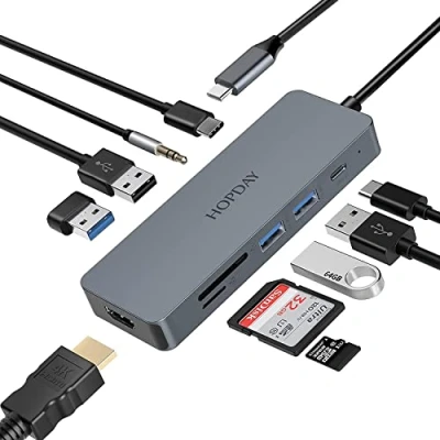 Image of HOPDAY 10 in 1 USB C Hub, Adapter MacBook Pro/Air iPad Pro with 4K HDMI Output, Compatible for Laptop, Surface 8, Type Devices (PD 100W 3.0 TF Card Reader)