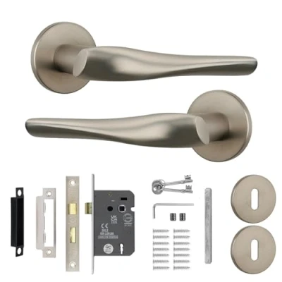 Image of Decoranddecor Satin Nickel Door Handles Internal Aluminium Handle Sets Silver for Wooden Interior Doors &amp; Fire Rated Sash Lock with Keys Nanda Range