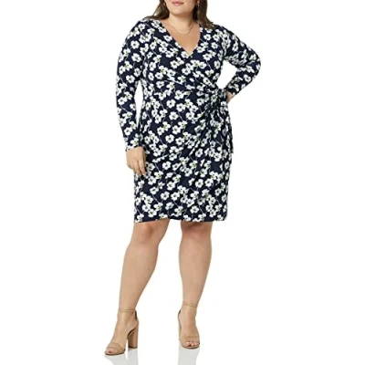 Image of Amazon Essentials Women&#039;s Long Sleeved Classic Wrap Dress (Available in Plus Sizes), Navy Flowers, XS