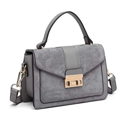 Image of Miss Lulu Women&#039;s Small Handbag, Square Metal Buckle Flap Cross body Bag, Elegant Suede and PU Leather Shoulder Bag