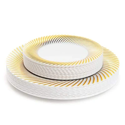 Image of MATANA 40 Premium White Plastic Plates with Gold Rim 2 Sizes: 20 Dinner &amp; Dessert Elegant Reusable Weddings, Birthdays, Christmas, Parties