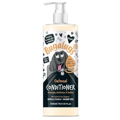 Image of BUGALUGS dog Conditioner with Oatmeal &amp; Aloe Vera perfume, best grooming for dogs, puppy smelly pet that detangles moisturises use shampoo, cologne